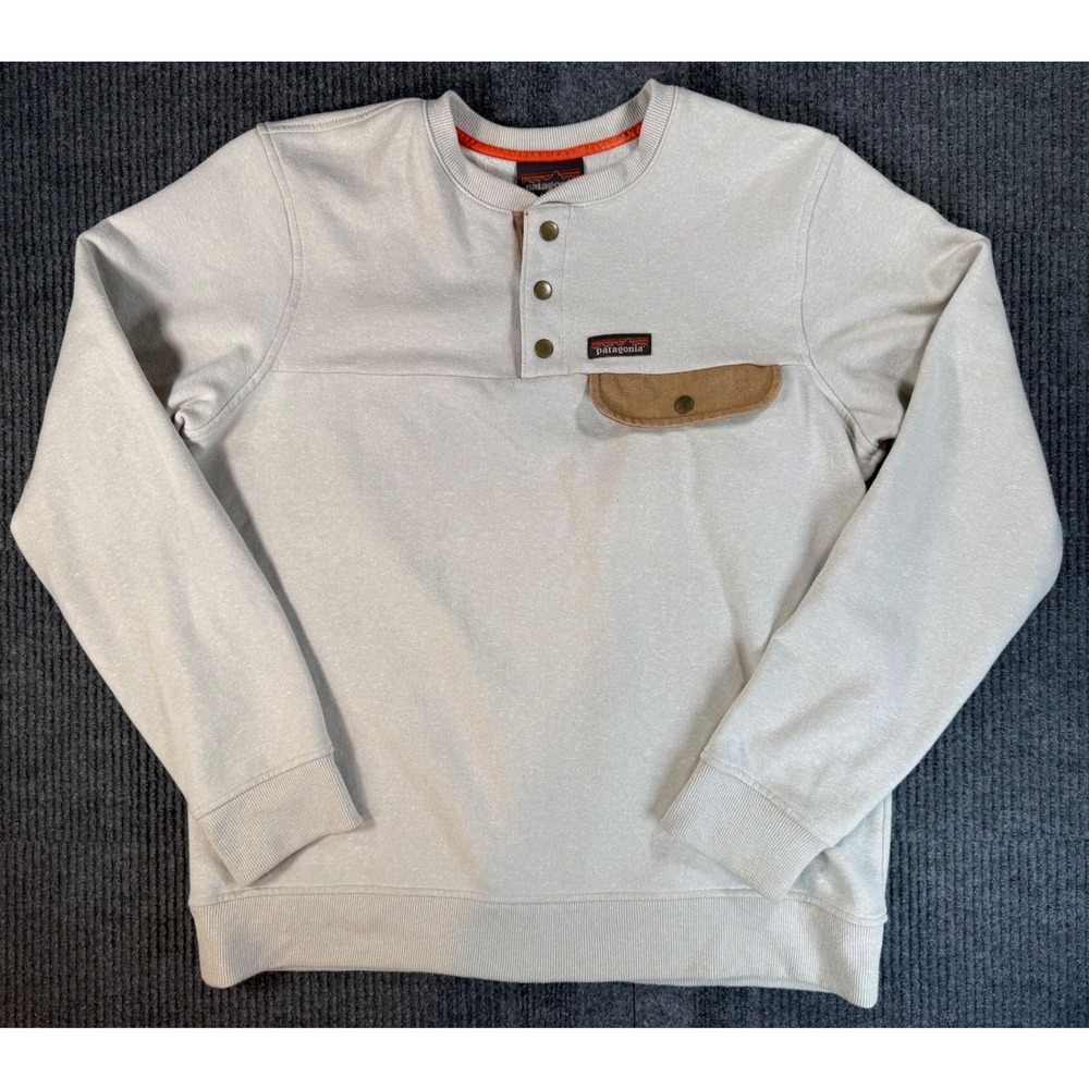 Patagonia Mens L Oatmeal Snap Henley Sweatshirt Canvas Pocket Pullover 25371